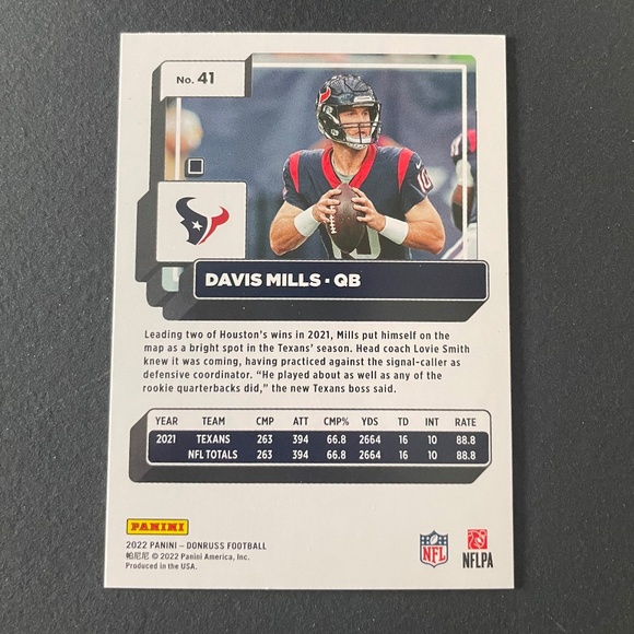 Davis Mills: Houston Texans, Quarterback 2022 Panini Donruss Football #41 - Picture 2 of 2